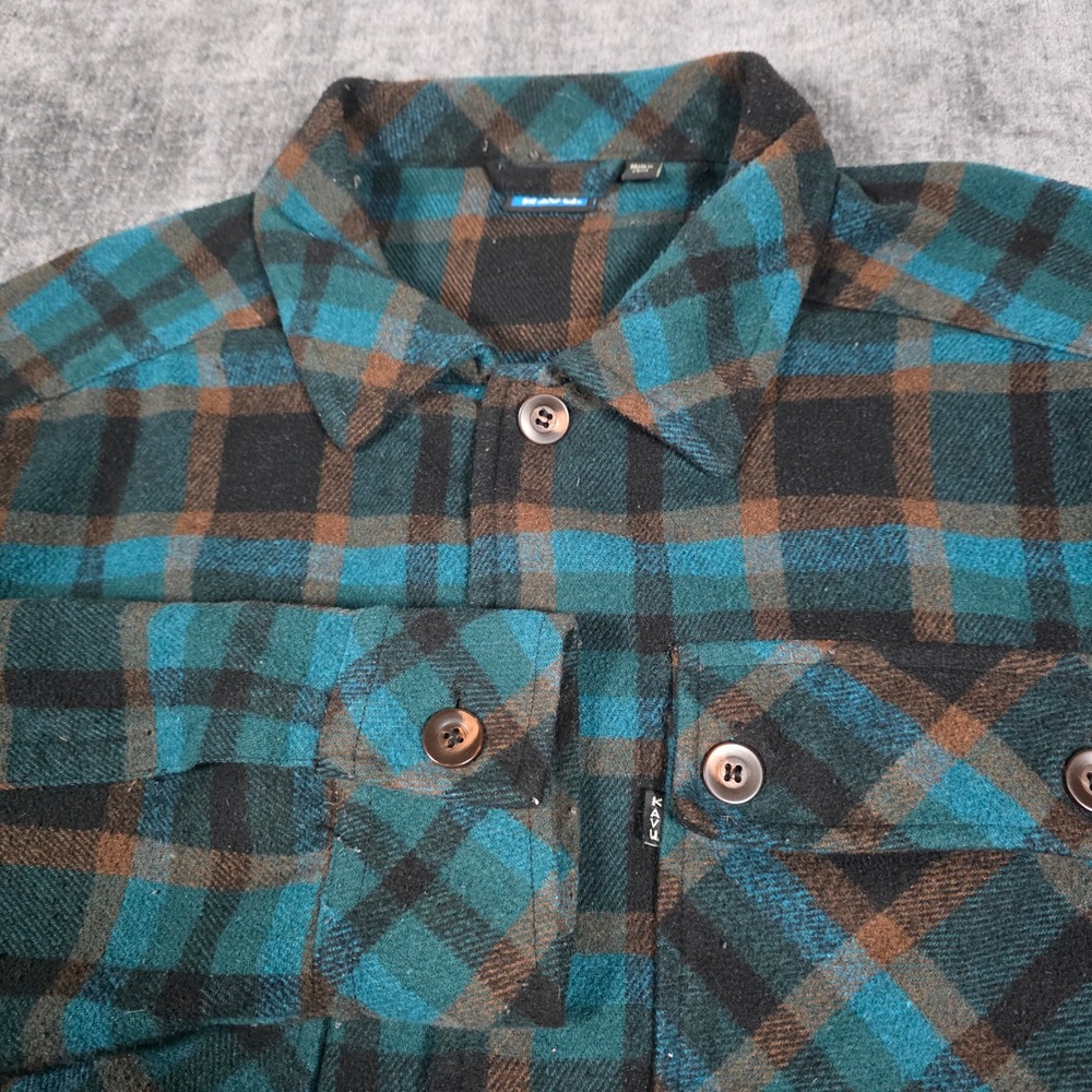 Kavu Mens XL Plaid Flannel Shirt Jacket Teal Brown Black Shacket Pockets Wool